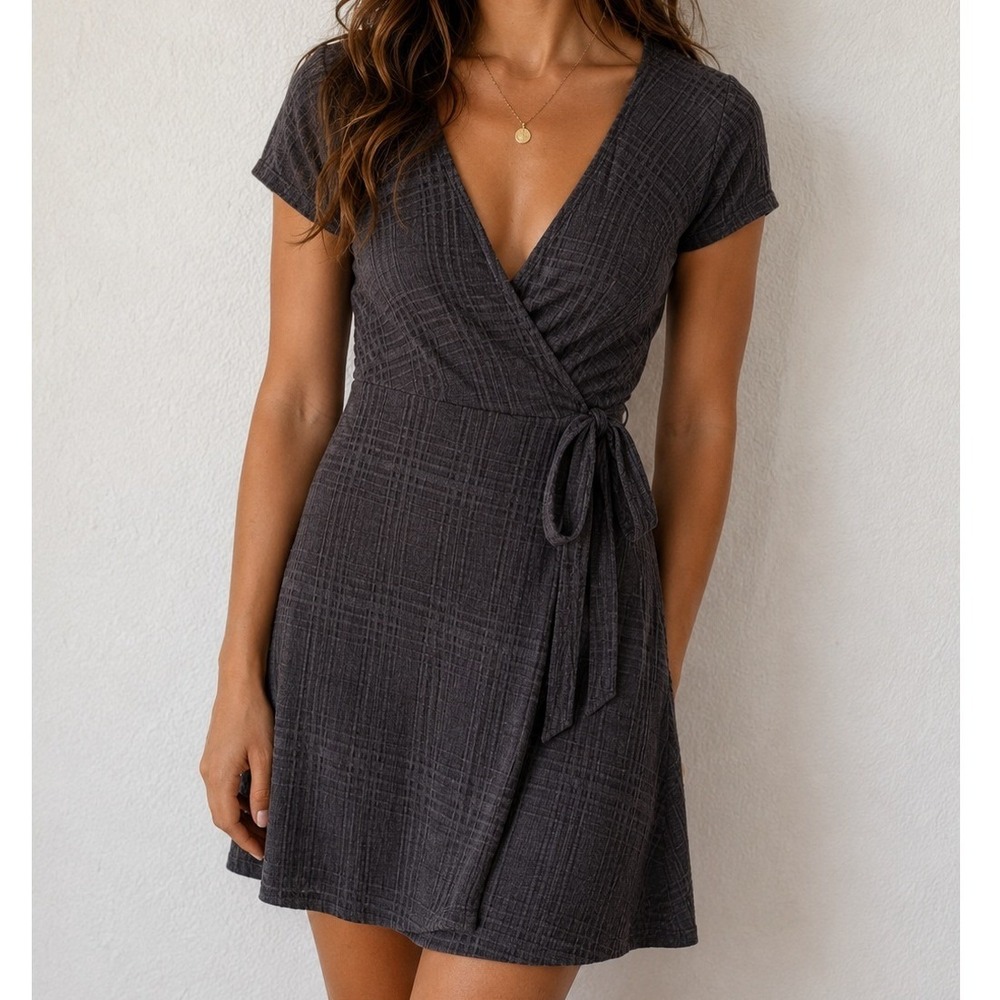 Gilli Plaid Knit Wrap Dress Minimalist Scandi Neutral Chic Dark Academia Preppy